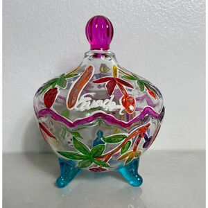 Ompass Hand Painted Art Clear Glass Jar with Lid Embossed Footed Multicolor